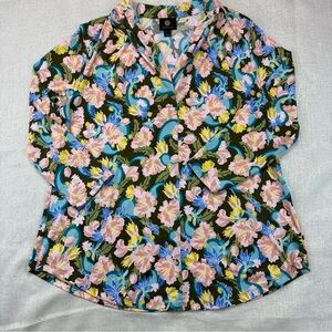 JM Collection Floral Print 3/4 Sleeve V-Neck Top Colorful Casual Blouse Size L